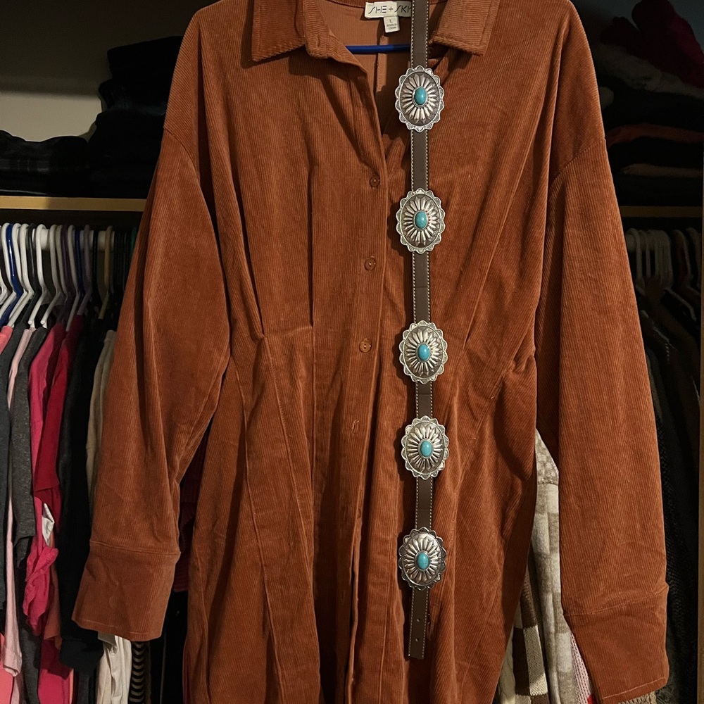 She + Sky Terracotta Corduroy Dress with Silver Concho Belt